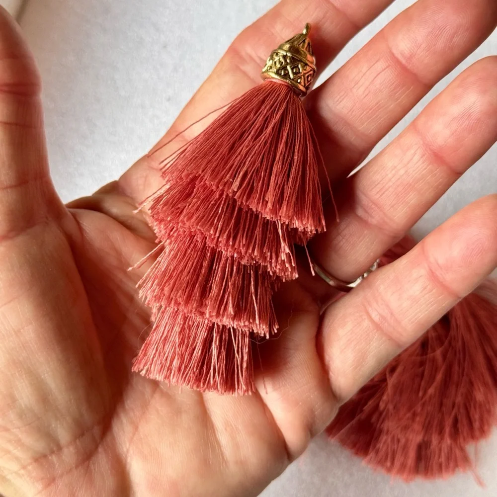 2 TIERED TASSELS for Earrings Keychains Crafts Sewing & More! Mauve & Gold 3.5”